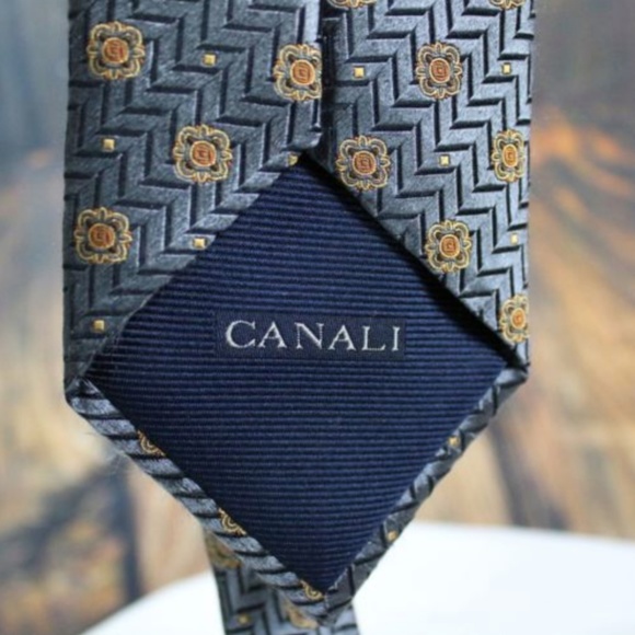CANALI Men's Tie Charcoal Grey Silver Gold - Picture 5 of 7